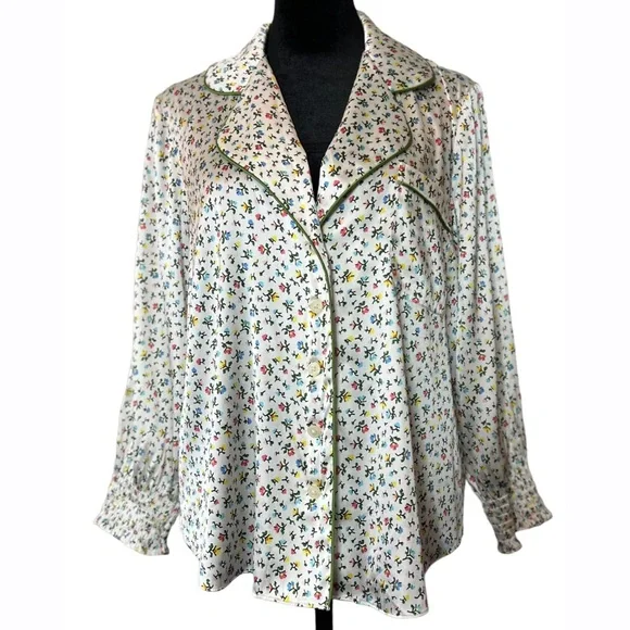 Morgan Lane Anais Long Sleeve Floral Confetti Silk Night Shirt‎ Size Women Large - Picture 2 of 11